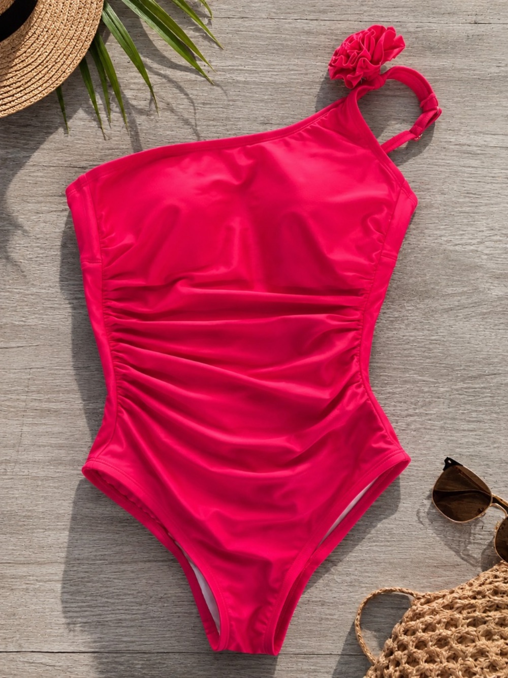 Shade & Shore One-Shoulder Ruched One-Piece Swimsuit – Hot Pink/Fuchsia